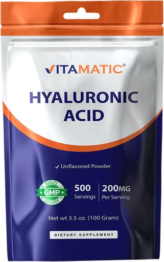 [BRSRAAQBOR7RGGT7] Vitamatic Hyaluronic Acid Powder 200mg - Supports Healthy Connective Tissue and Joints - Promote Youthful Healthy Skin - 100 Gram