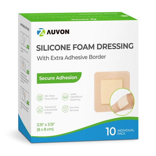 [BRSRAGTYBUIRSYDO] AUVON Silicone Foam Dressing with Large Adhesive Border, 3" x 3" 10 Packs Wound Dressing Bandage with High Absorbency, Waterproof Silicone Foam Pads for Wound Care & Protection Plus Cushioning