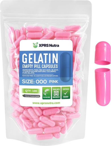 [BRSWYGQ7DJ5QYFAZ] XPRS Nutra Size 000 Empty Capsules - 100 Count Large Empty Gelatin Capsules - Pills for DIY Supplement Capsule Filling - Fillable Color Gel Caps Pills (Pink)