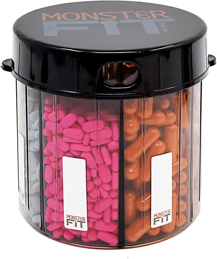 [BRSWKHYQPMIQOAA6] XL Supplement Pill Dispenser Bottle, 7 Compartment, Labels, Easy Open, Anti-Mixing, UV Protected Organizer, Extra Large Monthly Vitamin, Monster Fit Medication Holder Includes Premium Medisafe App