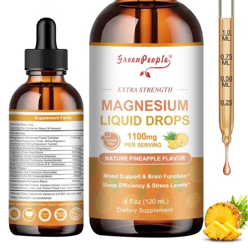 [BRSRAGQ3DINRMYLL] GREENPEOPLE Magnesium Glycinate Liquid Drop - 17-in-1 4Fl. Oz Triple Magnesium Complex Supplement with Glycinate 400mg & Citrate 500mg Taurate/L-Theanine for Calm Mood/Muscle/Sleep,Pineapple Flavor