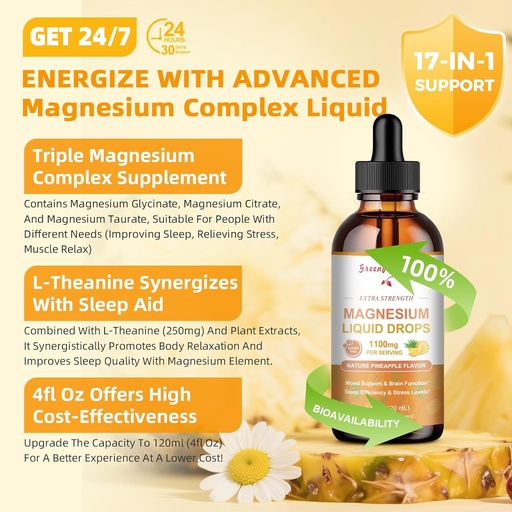 [BRSRAGQ3DINRMYLL] GREENPEOPLE Magnesium Glycinate Liquid Drop - 17-in-1 4Fl. Oz Triple Magnesium Complex Supplement with Glycinate 400mg & Citrate 500mg Taurate/L-Theanine for Calm Mood/Muscle/Sleep,Pineapple Flavor