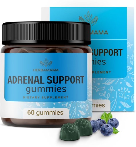 [BRSRMEIZA4OWC3TL] HERBAMAMA Adrenal Support Gummies - Pure Adrenal Complex Supplement for Women with Ashwagandha Root, Rhodiola Rosea & Magnesium - Vegan, Non-GMO - 60 Pectin-Based Blueberry-Flavored Chews