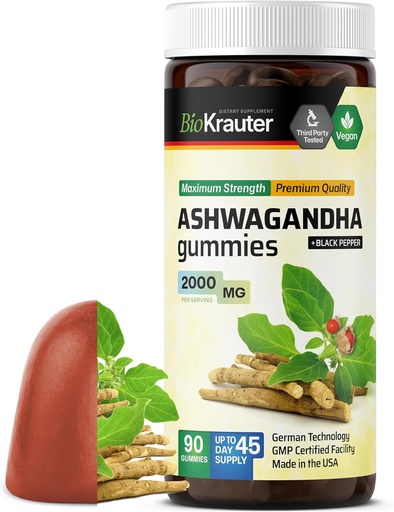 [BRSRMEIBBACQA3LX] BIO KRAUTER Ashwagandha Gummies for Women & Men - 2000 mg Styrke - 90 Chews for Mood Support - Chewable Ashwagandha Kosttilskud - Vegan - Mango Flavor