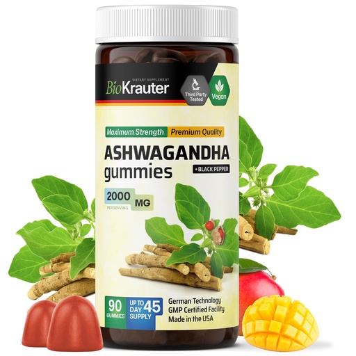 [BRSRMEIBBACQA3LX] BIO KRAUTER® Ashwagandha Gummies for Mood & Relaxation Support 2000 mg - Vegan Ashwagandha Supplements for Women & Men - 90 Relax Gummies for Stress Management - Mango Flavor, Non-GMO