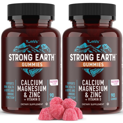 [BRSROFTRPIPGA2AY] YUM-V'S Calcium, Magnesium, Zinc & Vitamin D Gummies, Cal Mag Chewable Supplement, Vegetarian Kosher Halal Natural Raspberry Flavor Gummies for Adults Women & Men - 90 Count (Pack of 2)