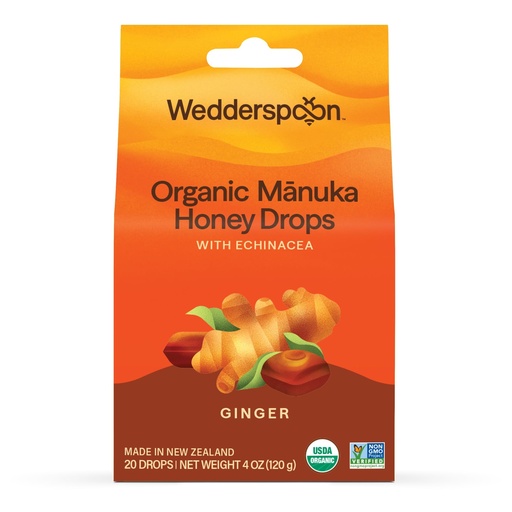 [BRSWKFAFCYIWC3T6] Wedderspoon Organic Manuka Honey Drops, Ginger & Echinacea, 20 Count | USDA Organic | Genuine New Zealand Honey, Natural Remedy for Dry Throat
