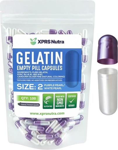 [BRSWYA37PJ7B4D37] XPRS Nutra Size 2 Empty Capsules - 100 Count Empty Gelatin Capsules - Pills DIY Capsule Filling - Pure Bovine Pill Gel Caps for Do-It-Yourself Supplements (Pearl Purple/White)