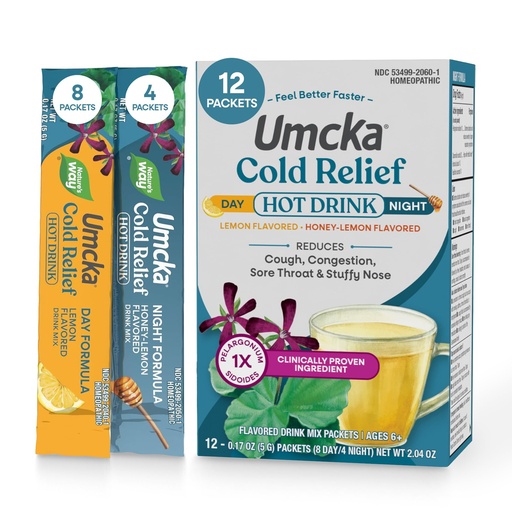 [BRSWKEAGOF4GGGQ7] Nature's Way Umcka Cold Relief Hot Drink, Day & Night Homeopathic Cold Medicine with Clinically Proven Ingredient for Cough, Congestion, Sore Throat, Lemon & Honey Flavored Packets, 12 Count
