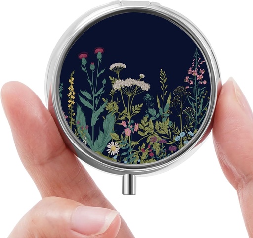 [BRSRA2YBOJYAMAA6] Mini Pill Box, Small Pill Box, Cute Pill Organizer for Vitamins, Medications, Fish Oil and Supplements (Black Flowers)