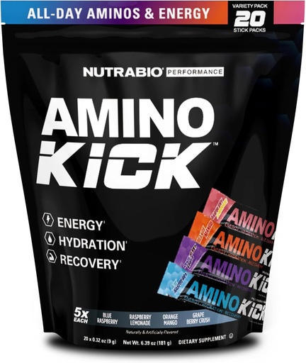[BRSROGAECJ7GA335] NutraBio – Amino Kick – All in One Performance Formula Energy, Hydration, Recovery 20 Servings, (Variety Pack) – 6g Amino Acids – Support Muscle Building