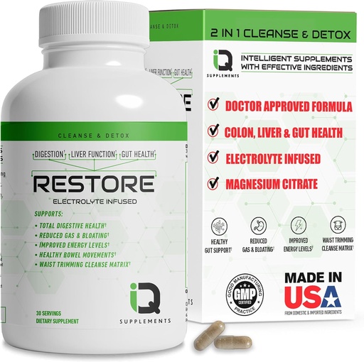 [BRSROBINBEGQGCTJ] Restore 2 I 1 Colon Cleanse & Detox m/ Psyllium - Støtter Digestion, Oppblåsning og lindring for kvinner og menn, Gut Detox Cleanse m/ Magnesium | Elektrolytt Infusert Colon Cleanser & Detox