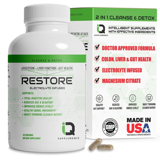 [BRSROBINBEGQGCTJ] Restore 2 In 1 Colon Cleanse & Detox w/ Psyllium - Supports Digestion, Debloating & Constipation Relief for Women & Men, Gut Detox Cleanse w/ Magnesium | Electrolyte Infused Colon Cleanser & Detox