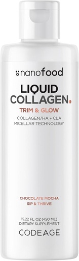 [BRSRMYYDCJ5GE2T5] Codeage Liquid Collagen Supplement Chocolate Flavor, Beauty Trim & Glow Liposomal Collagen Peptides, CLA Acid Linoleikoa, Hyaluronic Acid, E bitamina, Hydrolyzed, Ez-GMO, 15.22 fl oz