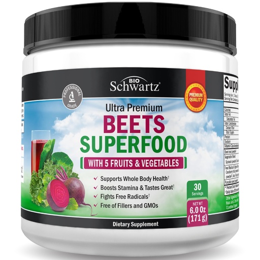 [BRSWY236OABWK2Y7] Beet Root Powder - Beets Superfood Supplement with Vitamin C Plus Organic Antioxidant Rich Red Fruits and Vegetables - Boosts Stamina and Natural Energy Levels - 30 Servings - Packaging May Vary