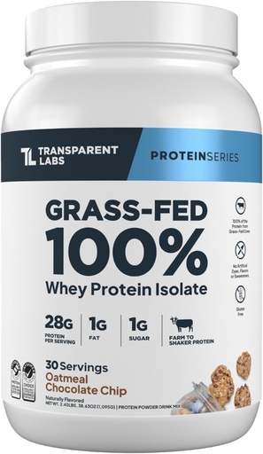 [BRSRO2TYCUBWOCLX] Transparent Labs Grass-Fed Whey Protein Isolate - Naturally Flavored, Gluten Free Grassfed Whey Protein Powder w/ 28g Protein per Serving & 9 Amino Acids - 30 Servings, Oatmeal Chocolate Chip Cookie