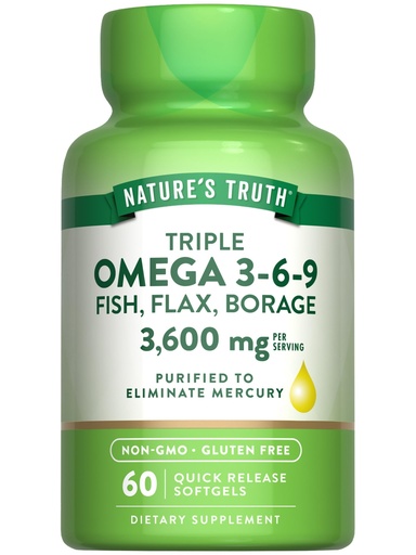 [BRSWICQBBAFRSEDI] Nature's Truth Triple Omega 3-6-9 Softgels | 3600mg | 60 Count | Fish, Flax, Borage Oils | Non-GMO & Gluten Free Supplement
