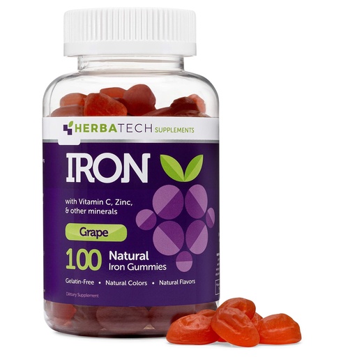 [BRSWYZYHPMNGOYDP] Iron Gummies for Adults and Kids, Chewable Multivitamin Supplement with Iron, Vitamin C, A, B, Zinc, Folic Acid, and Biotin (Grape Flavored) Vegan Safe, Made in The USA from HERBATECH