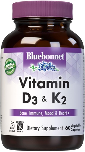 [BRSWYA3YB5YQ4FYV] Blåbonnet ernæringsvitamin D3 & K2, soya-fri, for sterke sunne bein*, Glutenfri, Ikke-GMO, Dairy-Free, Kosher Certified, Vegetarisk, 60 Grønnsaker Kapsler, 60 Serveringer
