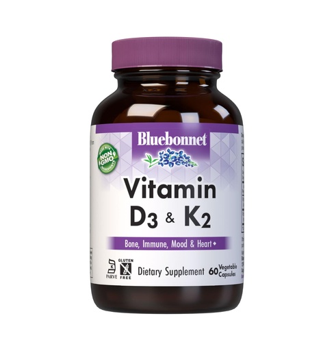[BRSWYA3YB5YQ4FYV] Bluebonnet Nutrition Vitamin D3 & K2, Soy-Free, for Strong-Healthy Bones*, Gluten-Free, Non-GMO, Dairy-Free, Kosher Certified, Vegetarian, 60 Vegetable Capsules, 60 Servings