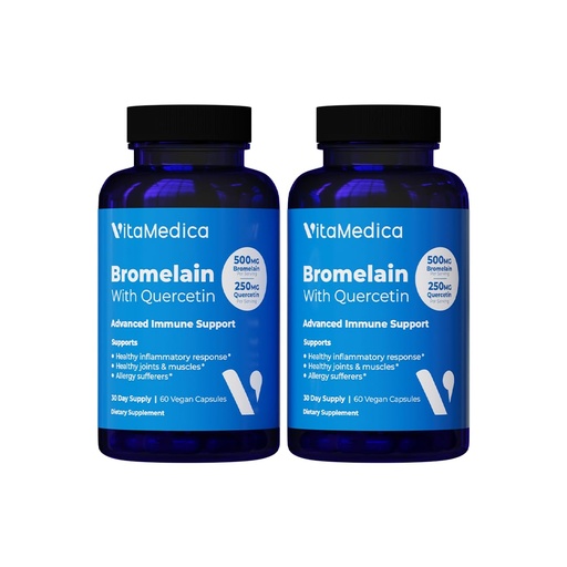 [BRSRMAIFCMNWACDH] VitaMedica Bromelain & Quercetin Supplement - 500mg Bromelain 250mg Quercetin - 2400 GDU for Immunity, Joint Support, Inflammation and Muscle Recovery - 60 Vegan Capsules - 30 Servings (2 Pack)