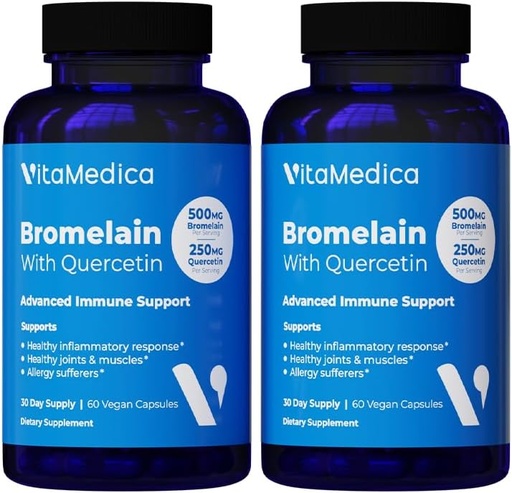 [BRSRMAIFCMNWACDH] VitaMedica Bromelain & Quercetin Supplement - 500mg Bromelain 250mg Quercetin - 2400 GDU for Immunity, Joint Support, Inflammation and Muscle Recovery - 60 Vegan Capsules - 30 Servings (2 Pack)