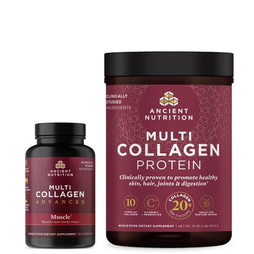 [BRSROAAKBAPQ4A35] Ancient Nutrition Multi Collagen Advanced Capsules, Muscle, 90 Count + Multi Collagen Protein Powder, Unflavored, 45 Servings