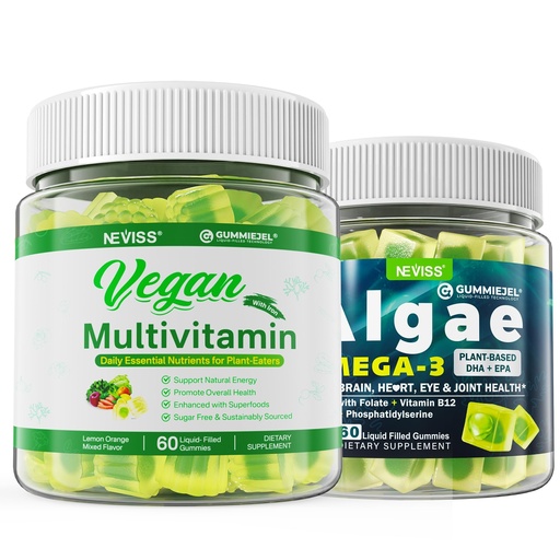 [BRSRAHACOF5A43AV] Vegan Omega 3 Gummies 1000mg with Vegan Multivitamin for Women Men with Iron, Vitamin B12, A, D3, K2, Algae Omega 3, Magnesium, Zinc