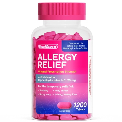 [BRSWGZIKCADRMC37] ValuMeds Allergy Medicine Antihistamine, Diphenhydramine HCl 25 mg | Children and Adults | Relieve Itchy Eyes, Runny Nose, Sneezing (25 mg, 600 Count)