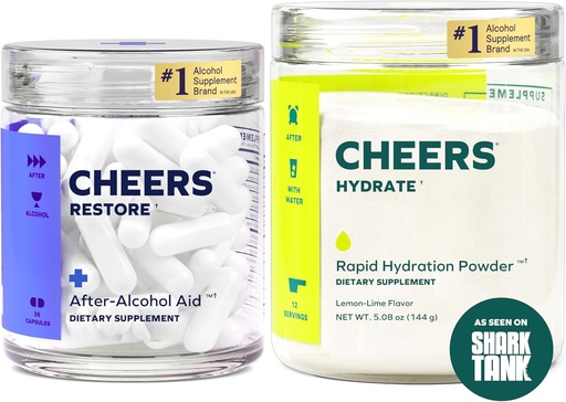 [BRSWG2Y3PIBRMAD4] Cheers Classic Combo | Restaurar + Hydrate | Rehidrato e sentir mellor despois de beber | DHM, L-Cysteine, B-Vitaminas, Electrolitos | 12 doses cada un | Soporte para fígado | Suplementos de electrólitos