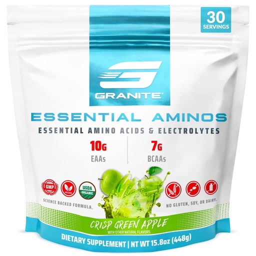 [BRSWGYYDDF5G2YL6] Granite Essential Amino Acids Powder, Green Apple Flavor, with 10g EAAs and 7g BCAAs, Supports Muscle Recovery & Growth, Soy-Free, Gluten-Free (30 Servings)