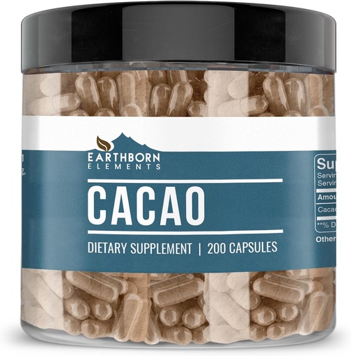 [BRSWYCADDEPBMF3B] Earthborn Elements Cacao (Cocoa) 200 kapsulas, tīras un neatšķaidītas, bez piedevām