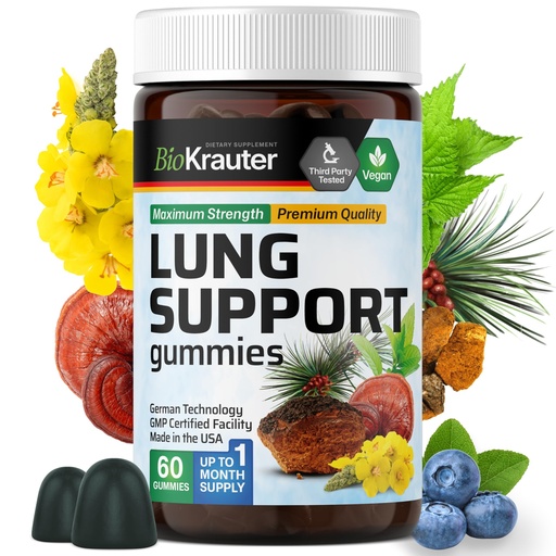 [BRSRMEIDPMNAKYI2] BIO KRAUTER® 8-in-1 Lung Detox for Respiratory Support - Lung Сleanse Gummies Mushroom & Herbal Supplements - 60 Mullein Gummies with Vitamin C, 30 Days of Supply, Blueberry Flavor, Non-GMO