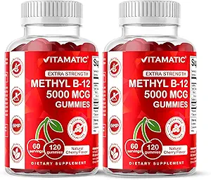[BRSRMCQZDMIGK3QZ] Vitamatic 2 Packs Extra Strength Vitamin B12 5000 mcg (Methyl B12) Gummies - 120 Count - Energy Metabolism Support and Nervous System Health Support, Natural Cherry Flavored
