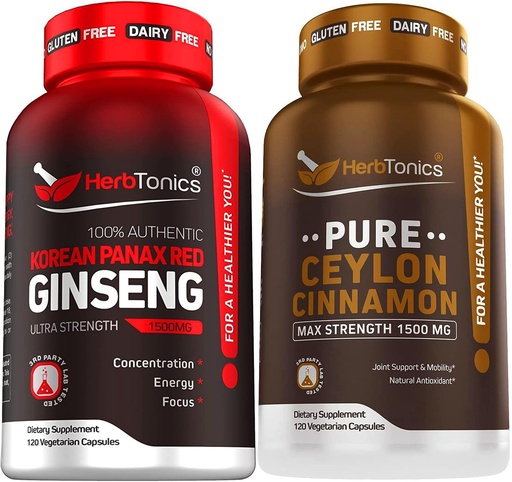 [BRSROA33DMBR63YU] Korean Red Panax Ginseng 1500mg - High Potency Ginseng for Energy, Performance & Immune Support for Men & Women - Pure Ceylon Cinnamon Capsules for Enhanced Well-Being - 1500mg per Serving