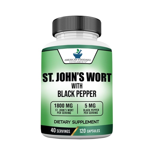 [BRSRMBA5CNYBYHQU] American Standard Supplements St. John’s Wort 1800mg Per Serving with Black Pepper Fruit Extract - Vegan, Gluten Free, Non-GMO, 120 Capsules, 40 Servings