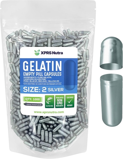 [BRSW2EL2OUMAMEYY] XPRS Nutra Size 2 Empty Capsules - 1000 Count Empty Gelatin Capsules - Pills DIY Capsule Filling - Pure Bovine Pill Gel Caps for Do-It-Yourself Supplements (Silver)