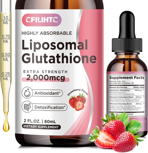 [BRSRAGDRBEOW2DIV] Liposomal Glutathione Liquid Drops, Glutathione Liquid Supplement, Active Form L- Glutathione, with Vitamin C, Liver Detox, Antioxidant for Anti-Aging, Immune &amp; Cleansing, Strawberry Flavor, 2 FL.OZ
