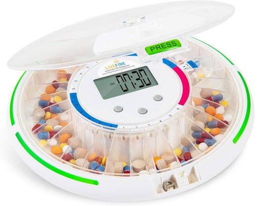[BRSWYEIDBYNBGFDU] Live Fine Automatic Pill Dispenser with 28-Day Electronic Medication Organizer, 6 Dosage Templates, Easy-Read LCD Display, Sound & Light Alerts & Key for Prescriptions, Vitamins, Supplements & More