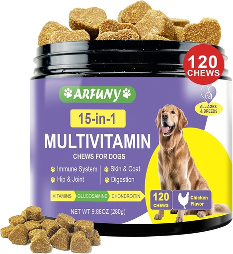 [BRSRAYIFBB7RQ3D2] 15 in 1 Dog Multivitamin Supplement - Dog Vitamins for Immune System, Digestion, Hip & Joint, Skin & Coat - with Essential Vitamins, Glucosamine & Chondroitin - Chicken Flavor, 120 Chews