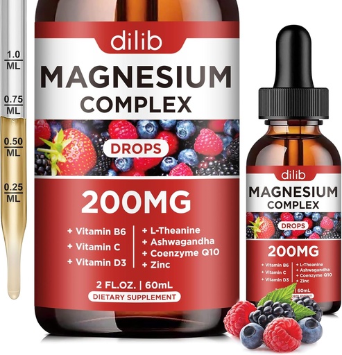 [BRSRAZTQAQMQKELK] Triple Magnesium Complex Supplement, Magnesium Glycinate, threonate, Citrate Liquid Drops 200mg with Ashwagandha, CoQ10, Vitamin B6, C, D, Zinc - Vegan Mix Berry Flavor