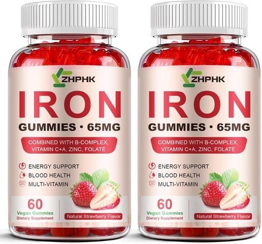 [BRSRAFIFBMBROAD5] Suplemento de hierro Gummies para mujeres, hombres &amp; niños, 65 mg de hierro &amp; 250 mg Vitamina C por ser - Sangre saludable, energía &amp; apoyo inmunológico Hierro Vitamina Gummy con folato, 2 Pack