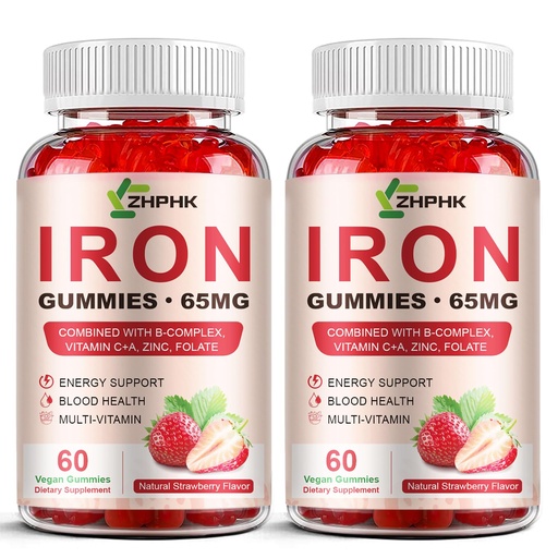 [BRSRAFIFBMBROAD5] ZHPHK Iron Supplement Gummies for Women, Men & Kids, 65mg Iron & 250mg Vitamin C per Serving - Healthy Blood, Energy & Immune Support Iron Vitamin Gummy with Folate, 2 Pack