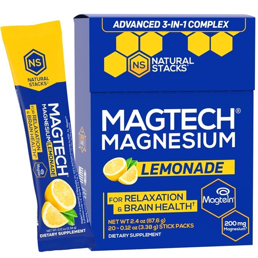 [BRSWGFQ7A4MRECD2] MagTech Magnesium Drink Mix - Sugar Free Lemonade - 3 Forms of Magnesium: Magtein L-Threonate, Glycinate & Taurate - 200mg Chelated Magnesium Complex - Supports Relaxation & Brain Health - 20 Servings