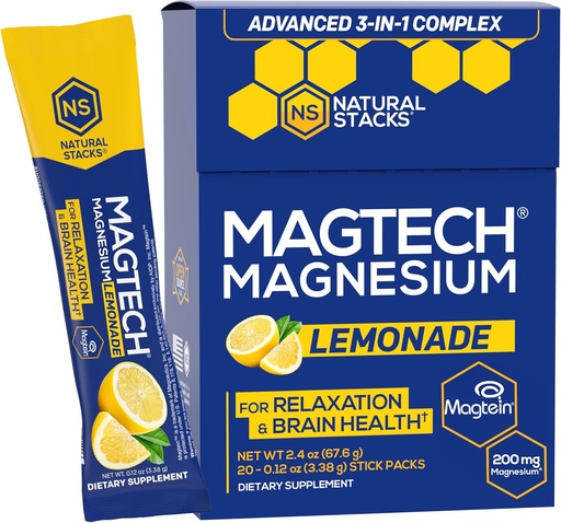 [BRSWGFQ7A4MRECD2] MagTech Magnesium Drink Mix - Sugar Free Lemonade - 3 Forms of Magnesium: Magtein L-Threonate, Glycinate & Taurate - 200mg Chelated Magnesium Complex - Supports Relaxation & Brain Health - 20 Servings