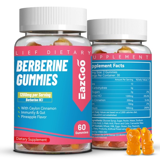 [BRSRAYAKCICBQHI6] Berberine Gummies with Ceylon Cinnamon,1200mg Berberine HCI Supplement for Metabolism and Energy Support, Vegan, Gelatin-Free - 60 Count