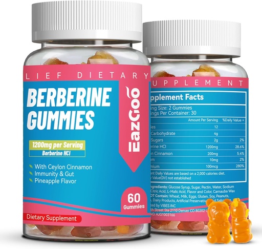 [BRSRAYAKCICBQHI6] Berberine Gummys与锡兰锡桂,1200mg Berberine HCI 代谢和能源支持补充,Vegan,Non-GMO和Gelatin-Free - 60 Counter