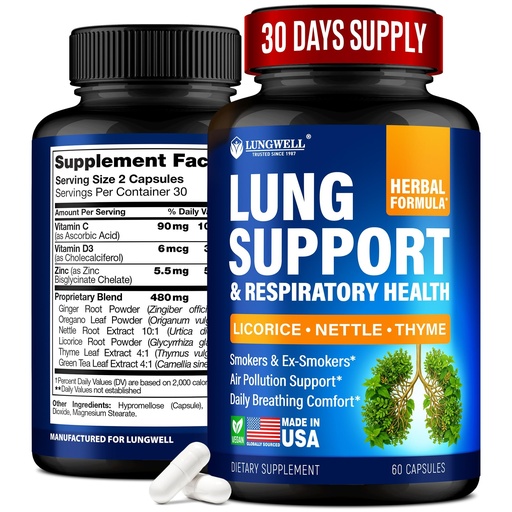 [BRSWGCQNCMAR633B] Quit Smoking Aid for Lung Cleanse & Support - Lung Detox for Smokers - Herbs for Respiratory Health: Licorice, Ginger & Nettle Root, Thyme - Clear Lungs Supplement with Vitamins C, D3-60 Capsules