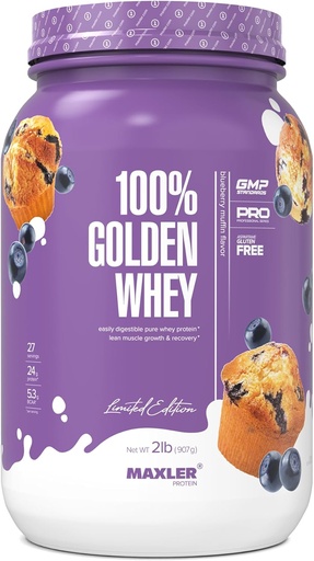 [BRSWGYY2OIAQYD3F] Maxler 100% Golden Whey Protein - 24g de Proteína por Servir - Premium Whey Protein Powder para Pre Post Workout - Fast-Absorbing Whey Concentrate, Isolate & Hydrolysate Blend - Blueberry Muffin 2 lb