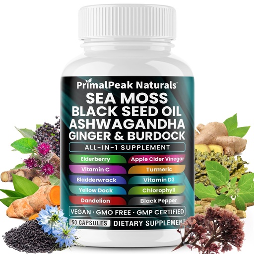 [BRSRAAI5OYIWOAL5] Sea Moss Black Seed Oil Ashwagandha Ginger Burdock Bladderwrack Turmeric & Vitamin C Vitamin D3 with ACV Elderberry Chlorophyll Dandelion Yellow Dock Vegan Capsules - 60 Count